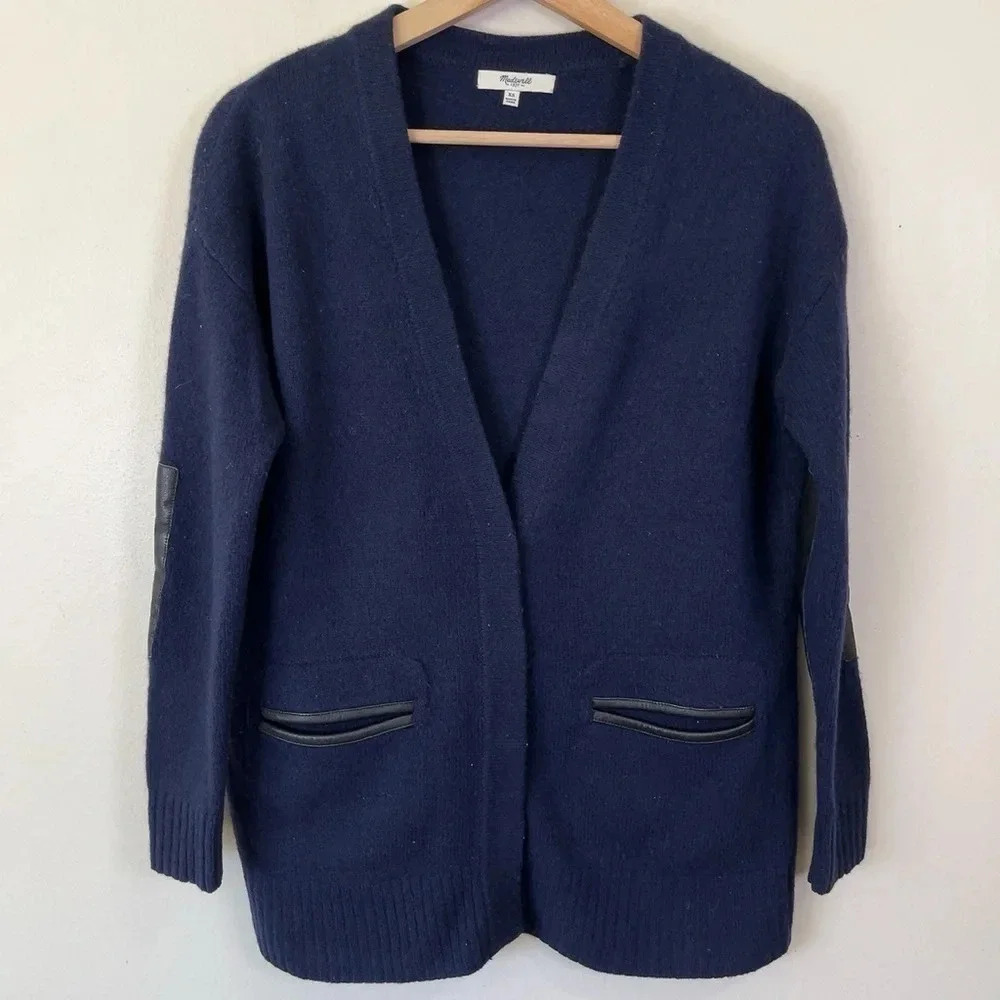 Madewell Lambswool Leather Trim Navy Cardigan